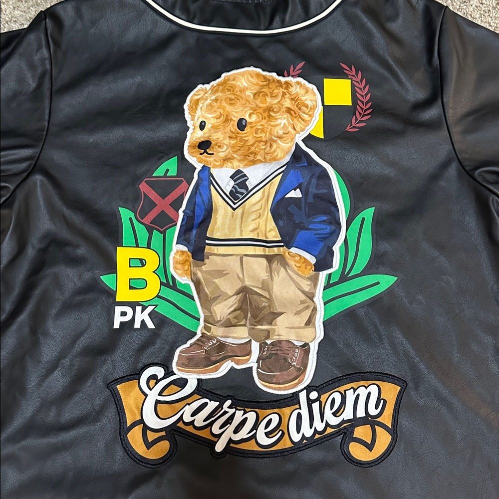 Black Pike Faux Leather Teddy Bear Baseball Jersey Carpe Diem Streetwear Size M - Picture 7 of 9